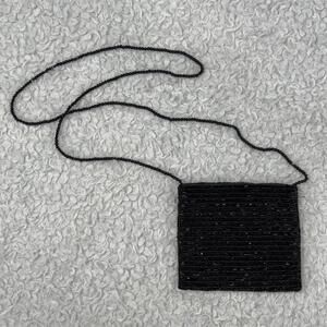 Ann Taylor Elegant Black Beaded Evening Bag Purse with Long Beaded Strap #TM225